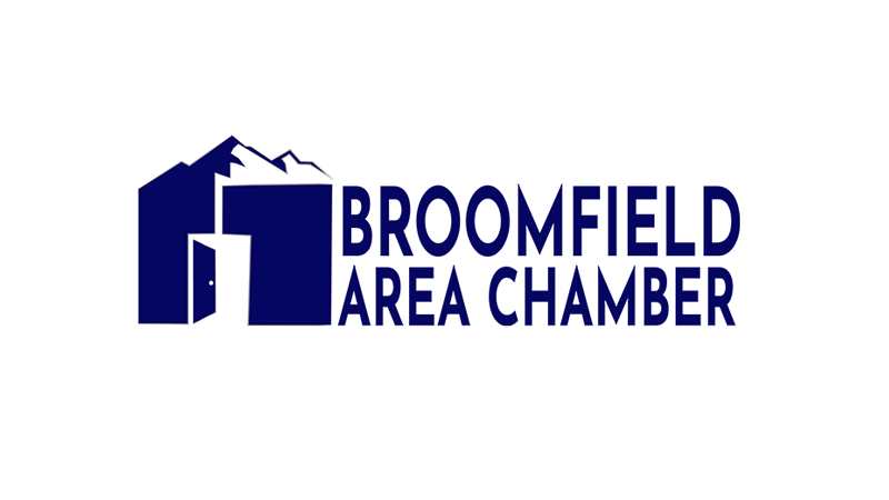 Logo of the Broomfield Area Chamber featuring stylized mountains and buildings in dark blue with the text "BROOMFIELD AREA CHAMBER" beside it.