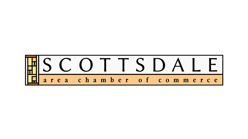 Logo of the Scottsdale Area Chamber of Commerce featuring the word "SCOTTSDALE" in bold letters, with "area chamber of commerce" in smaller text below. The design includes decorative elements on the left.